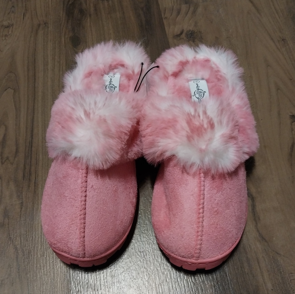 Pink and black slippers